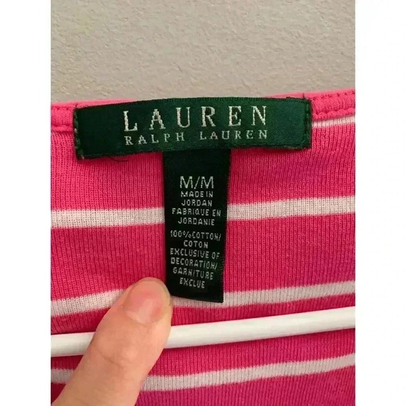 Lauren Ralph Lauren Long-Sleeved Pink and White Striped Ruffled V-Neck Shirt - Picture 2 of 7